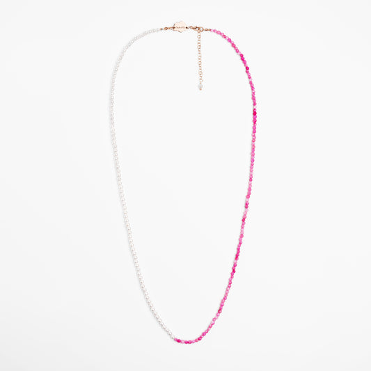 Long pink agate & pearl necklace